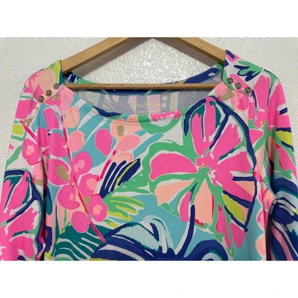 Lilly Pulitzer XL Tropical Floral Sophia Print Shift Dress Gold Button 17412